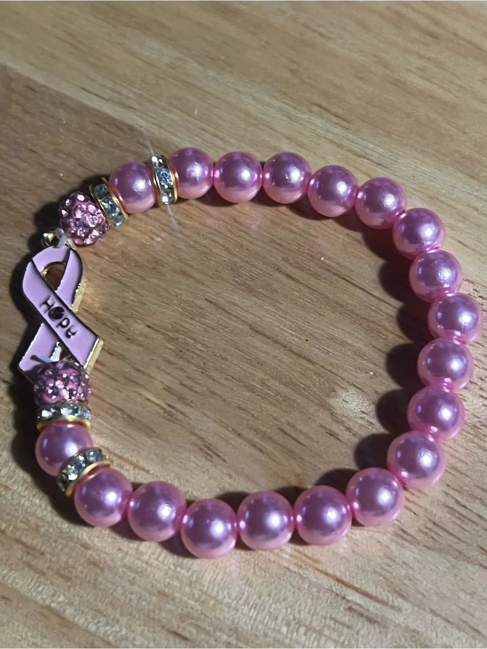 Pink Pearl Beaded Hope Ribbon Bracelet B198